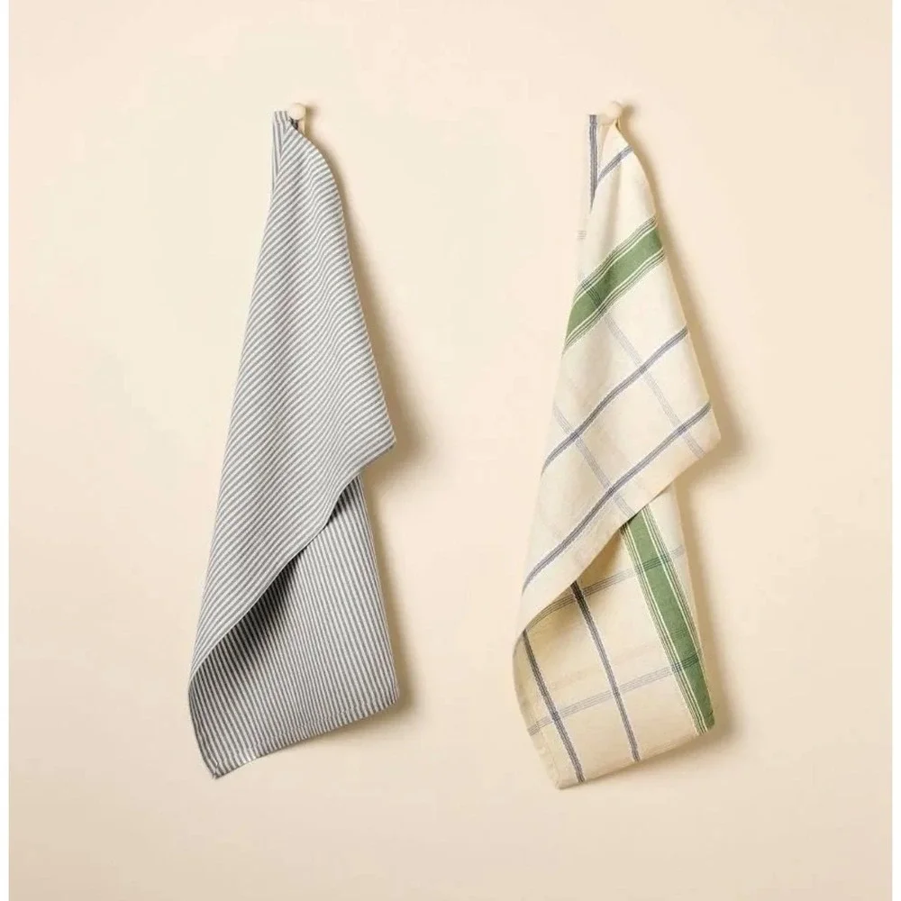 Hearth & Hand Kitchen Towels Set of 2 Navy Green Plaid Stripe NWT